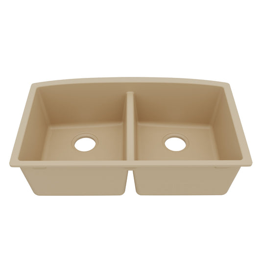 32-1/2" Undermount Double Equal Bowl Quartz Composite Kitchen Sink In Bisque