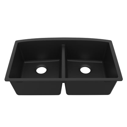 32-1/2" Undermount Double Equal Bowl Quartz Composite Kitchen Sink In Black