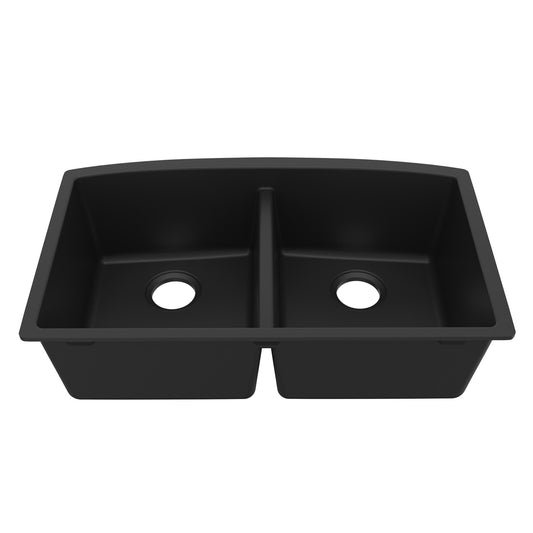 32-1/2" Undermount Double Equal Bowl Quartz Composite Kitchen Sink In Black