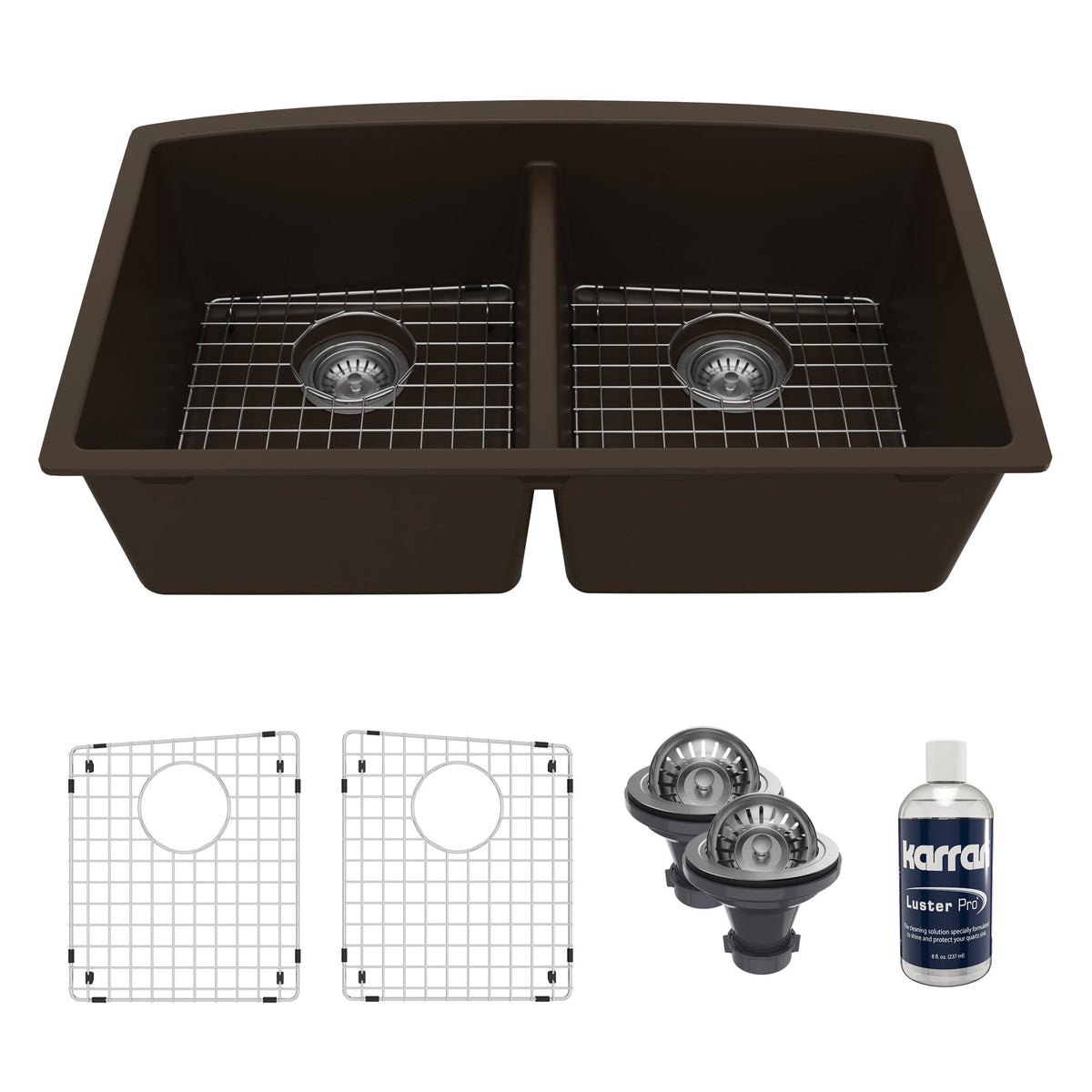 32-1/2" Undermount Double Equal Bowl Quartz Composite Kitchen Sink Kit In Brown