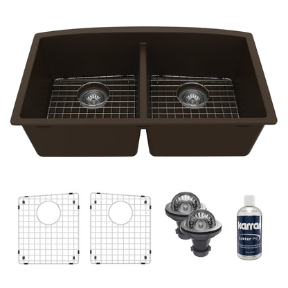 32-1/2" Undermount Double Equal Bowl Quartz Composite Kitchen Sink Kit In Brown