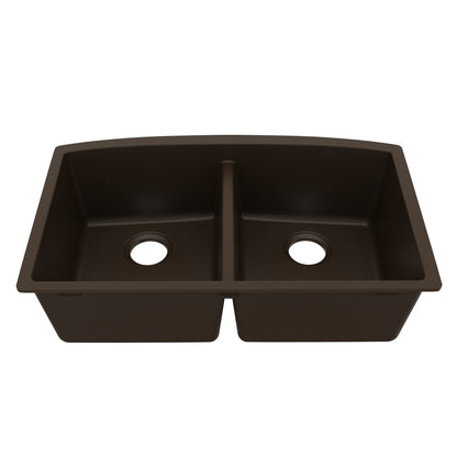 32-1/2" Undermount Double Equal Bowl Quartz Composite Kitchen Sink In Brown