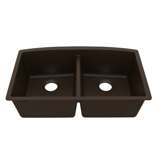 32-1/2" Undermount Double Equal Bowl Quartz Composite Kitchen Sink In Brown
