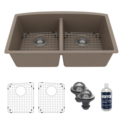 32-1/2" Undermount Double Equal Bowl Quartz Composite Kitchen Sink Kit In Concrete