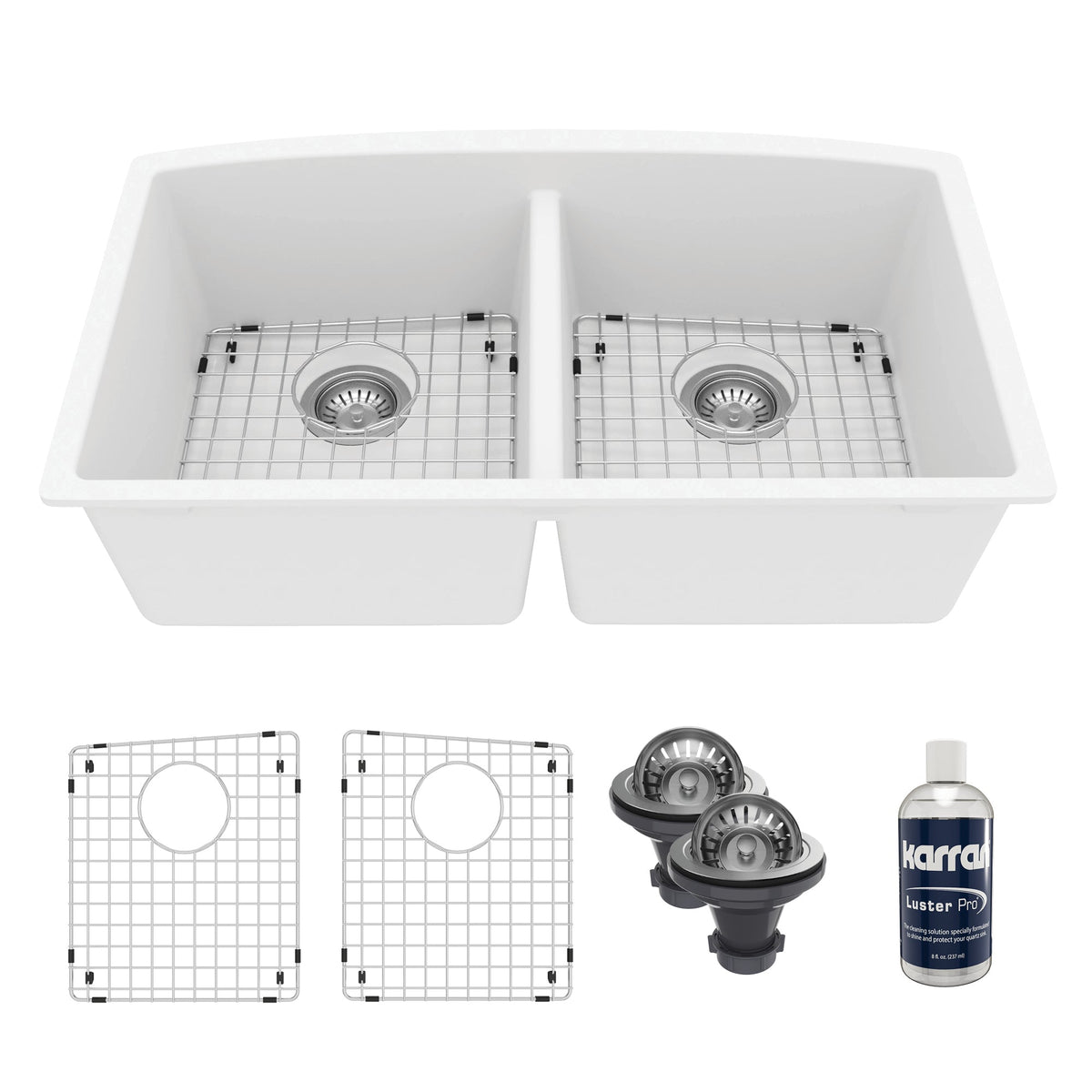 32-1/2" Undermount Double Equal Bowl Quartz Composite Kitchen Sink Kit In White