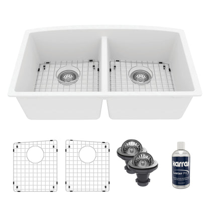 32-1/2" Undermount Double Equal Bowl Quartz Composite Kitchen Sink Kit In White