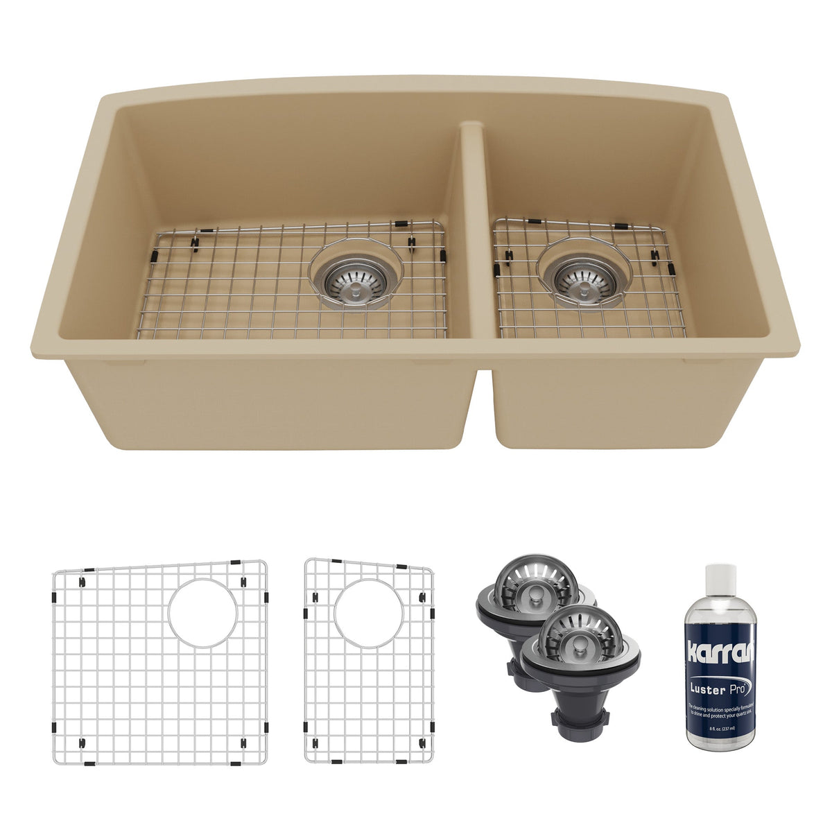 32-1/2" Undermount Double Offset Bowl Quartz Composite Kitchen Sink Kit In Bisque