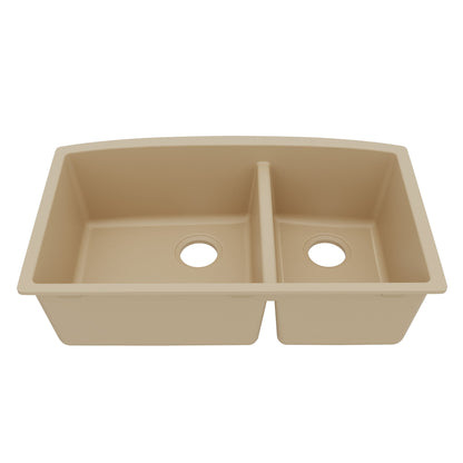 32-1/2" Undermount Double Offset Bowl Quartz Composite Kitchen Sink In Bisque