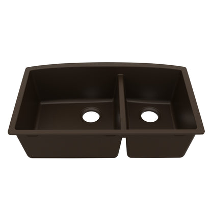 32-1/2" Undermount Double Offset Bowl Quartz Composite Kitchen Sink In Brown