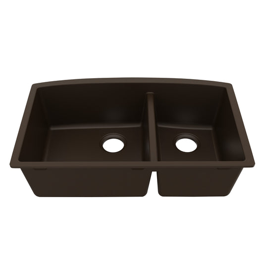 32-1/2" Undermount Double Offset Bowl Quartz Composite Kitchen Sink In Brown