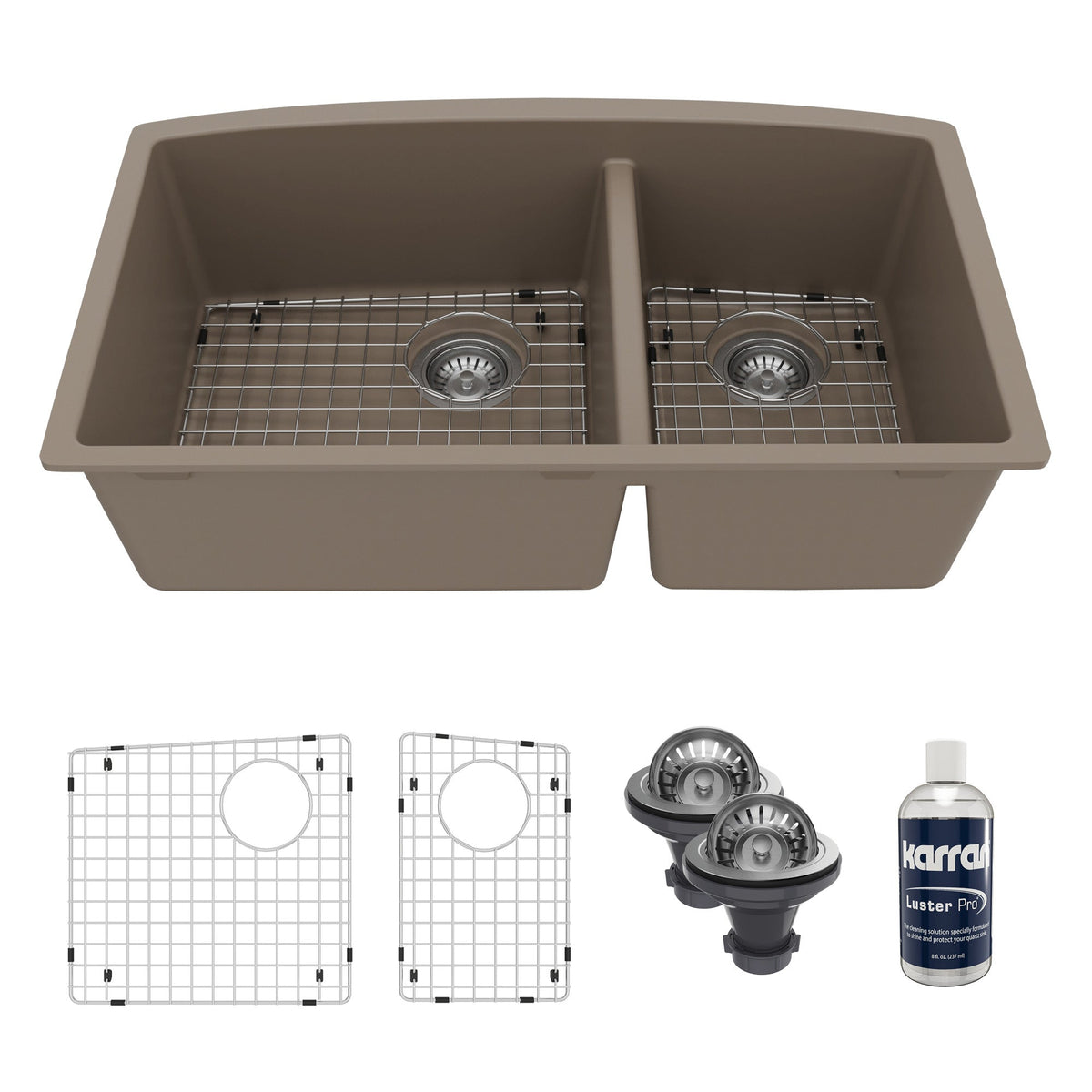 32-1/2" Undermount Double Offset Bowl Quartz Composite Kitchen Sink Kit In Concrete