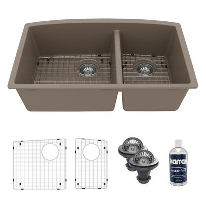 32-1/2" Undermount Double Offset Bowl Quartz Composite Kitchen Sink Kit In Concrete