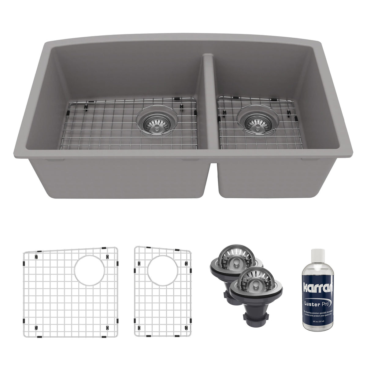 32-1/2" Undermount Double Offset Bowl Quartz Composite Kitchen Sink Kit In Grey