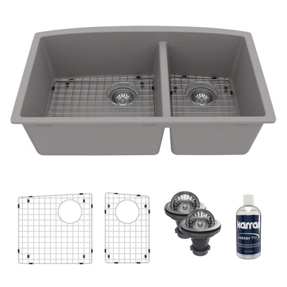 32-1/2" Undermount Double Offset Bowl Quartz Composite Kitchen Sink Kit In Grey