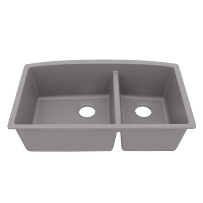 32-1/2" Undermount Double Offset Bowl Quartz Composite Kitchen Sink In Grey