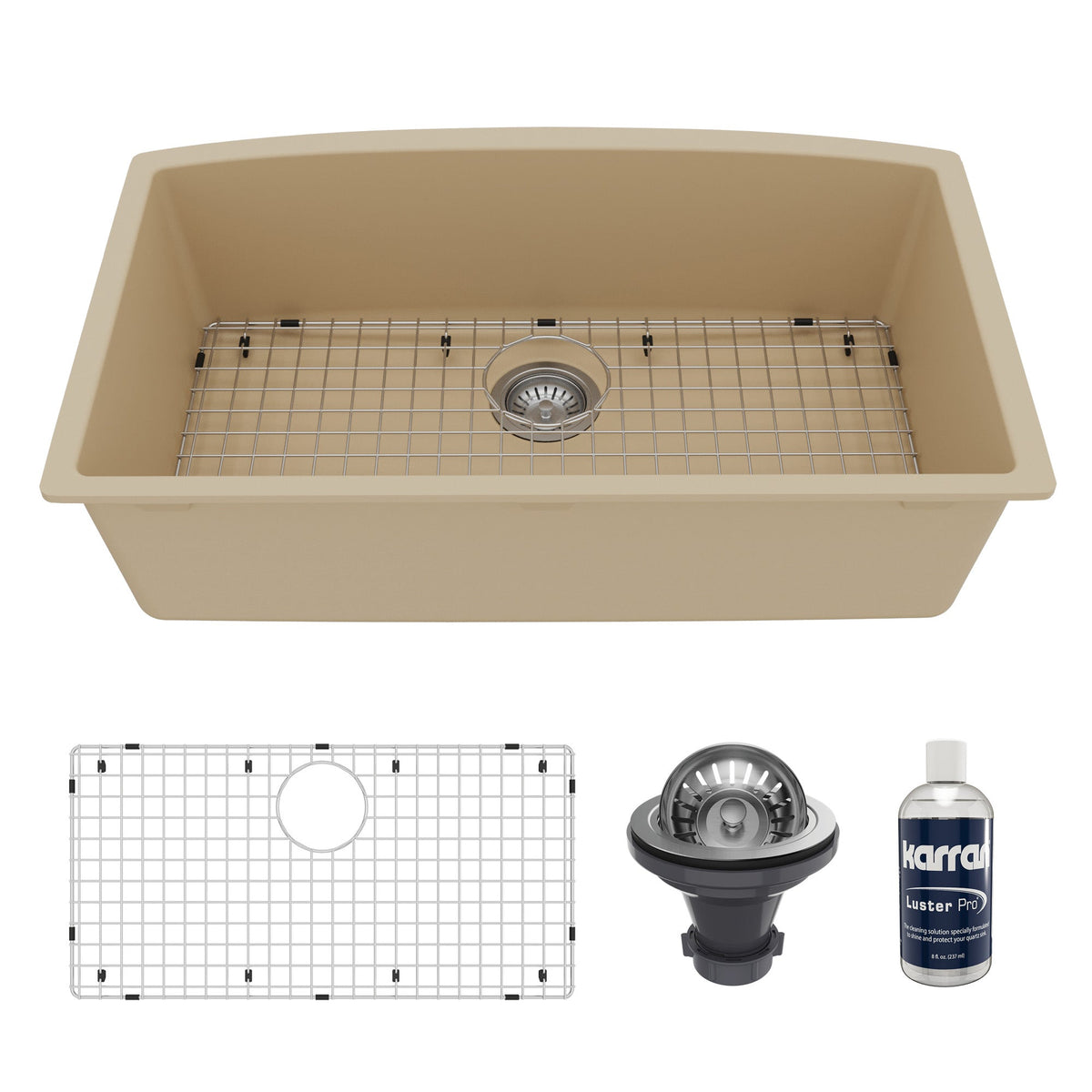 32-1/2" Undermount Large Single Bowl Quartz Composite Kitchen Sink Kit In Bisque