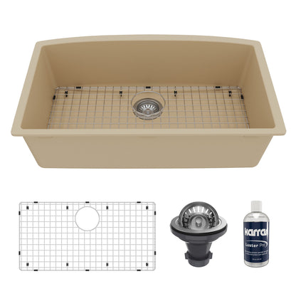 32-1/2" Undermount Large Single Bowl Quartz Composite Kitchen Sink Kit In Bisque