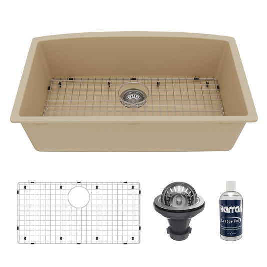 32-1/2" Undermount Large Single Bowl Quartz Composite Kitchen Sink Kit In Bisque
