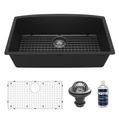 32-1/2" Undermount Large Single Bowl Quartz Composite Kitchen Sink Kit In Black