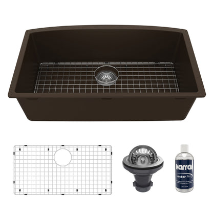 32-1/2" Undermount Large Single Bowl Quartz Composite Kitchen Sink Kit In Brown