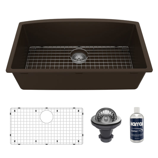 32-1/2" Undermount Large Single Bowl Quartz Composite Kitchen Sink Kit In Brown