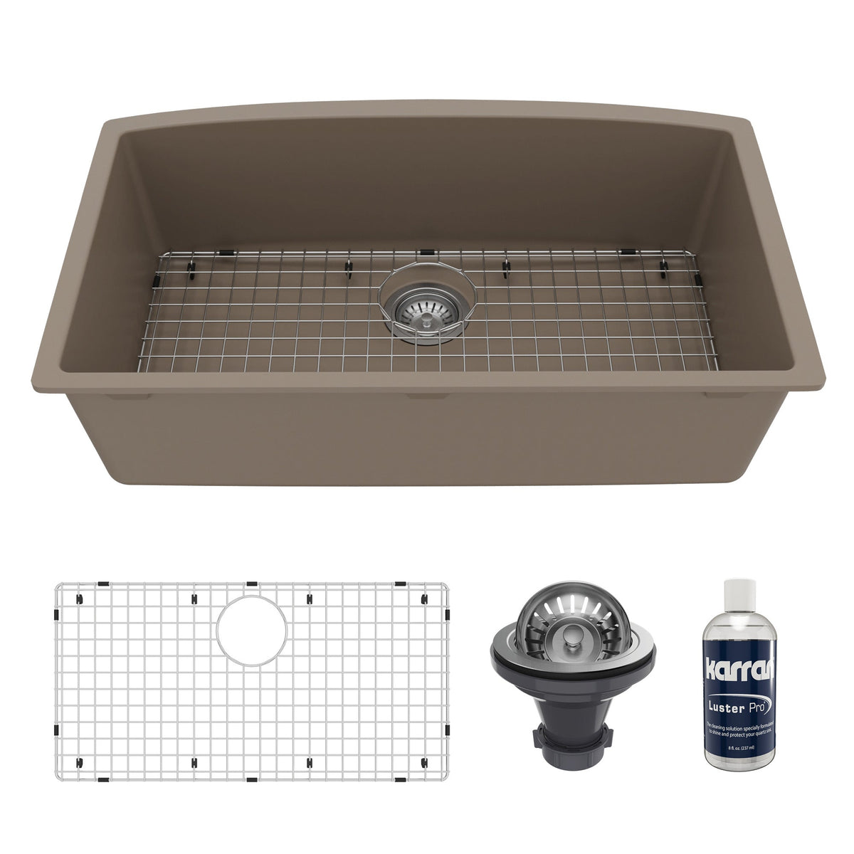 32-1/2" Undermount Large Single Bowl Quartz Composite Kitchen Sink Kit In Concrete