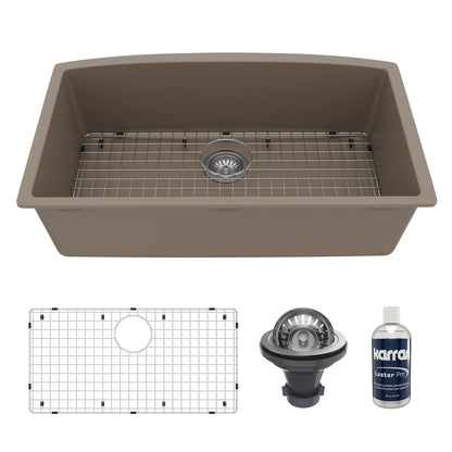 32-1/2" Undermount Large Single Bowl Quartz Composite Kitchen Sink Kit In Concrete