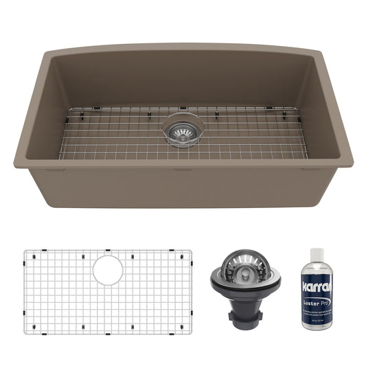 32-1/2" Undermount Large Single Bowl Quartz Composite Kitchen Sink Kit In Concrete