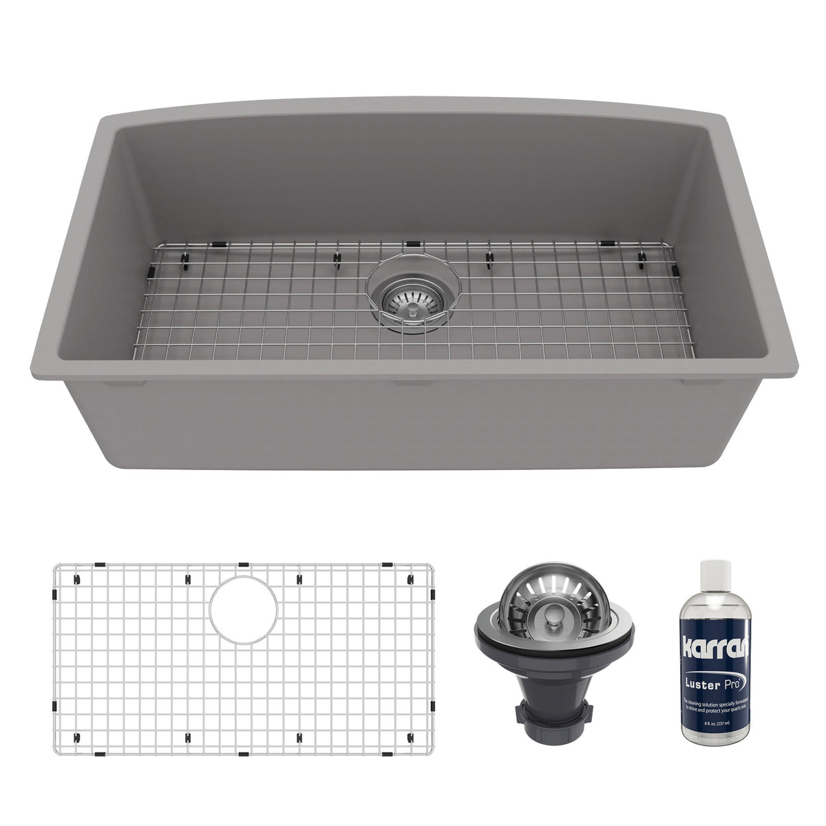 32-1/2" Undermount Large Single Bowl Quartz Composite Kitchen Sink Kit In Grey
