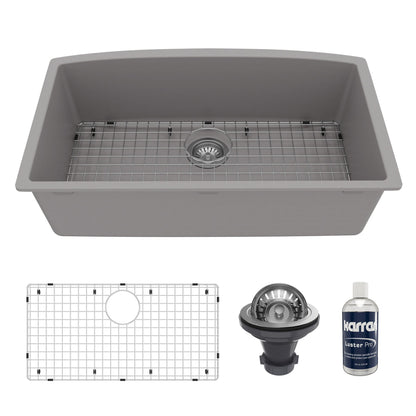 32-1/2" Undermount Large Single Bowl Quartz Composite Kitchen Sink Kit In Grey
