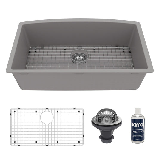 32-1/2" Undermount Large Single Bowl Quartz Composite Kitchen Sink Kit In Grey