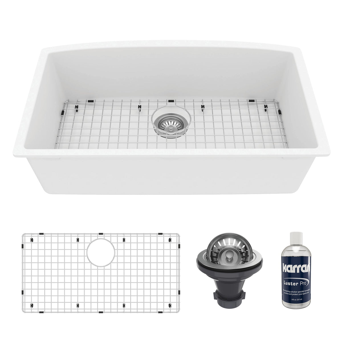 32-1/2" Undermount Large Single Bowl Quartz Composite Kitchen Sink Kit In White