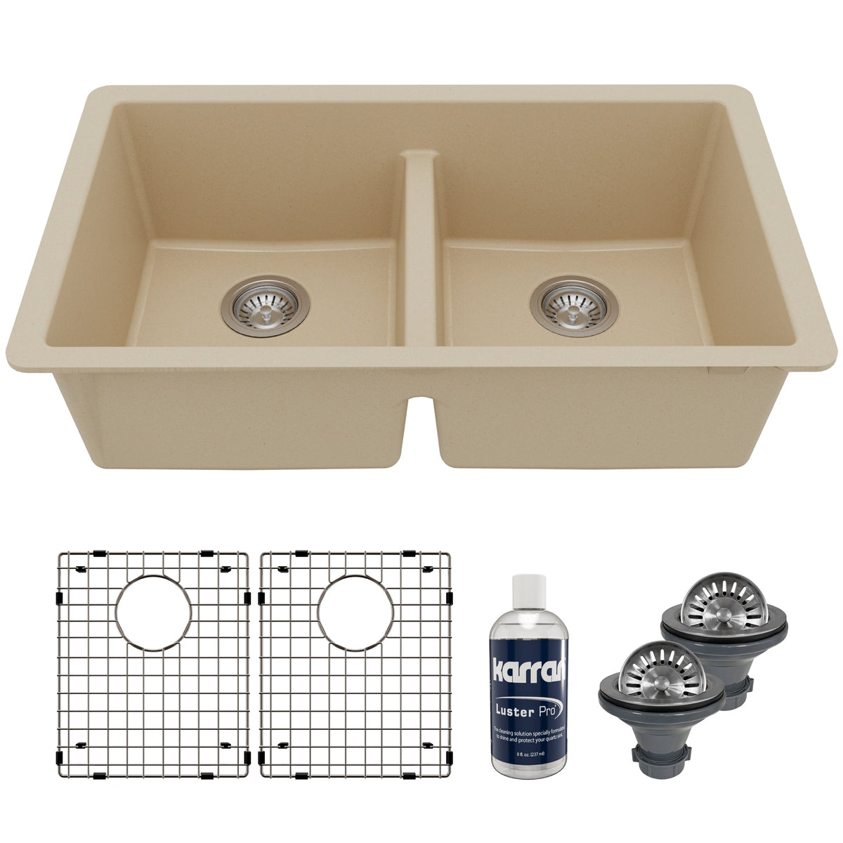 32-3/8" Undermount Double Equal Bowl Quartz Composite Kitchen Sink Kit In Bisque