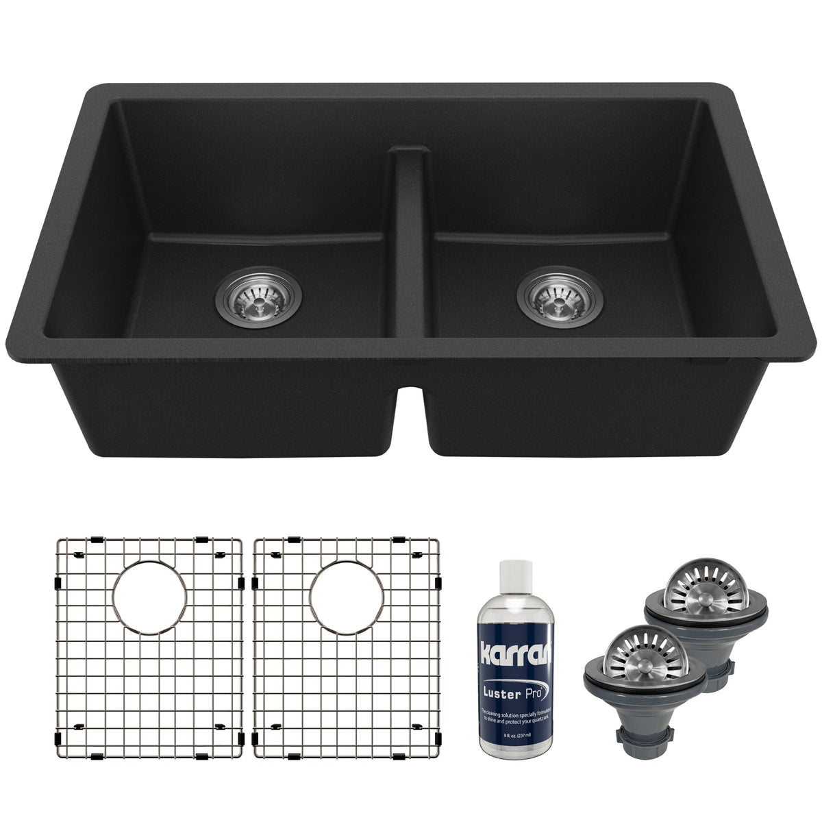 32-3/8" Undermount Double Equal Bowl Quartz Composite Kitchen Sink Kit In Black