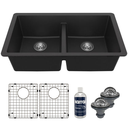 32-3/8" Undermount Double Equal Bowl Quartz Composite Kitchen Sink Kit In Black