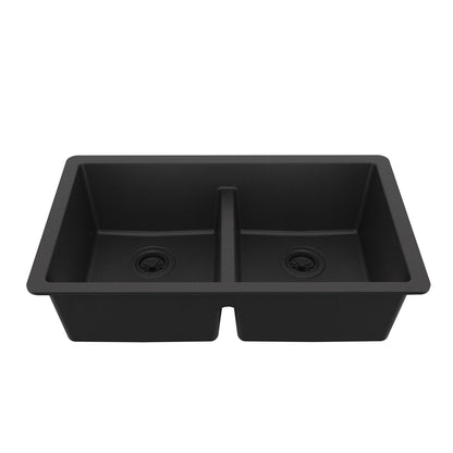 32-3/8" Undermount Double Equal Bowl Quartz Composite Kitchen Sink In Black