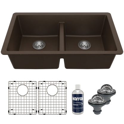 32-3/8" Undermount Double Equal Bowl Quartz Composite Kitchen Sink Kit In Brown
