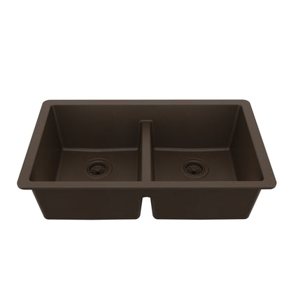 32-3/8" Undermount Double Equal Bowl Quartz Composite Kitchen Sink In Brown