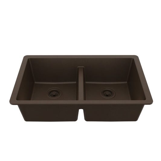 32-3/8" Undermount Double Equal Bowl Quartz Composite Kitchen Sink In Brown