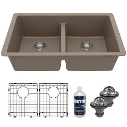 32-3/8" Undermount Double Equal Bowl Quartz Composite Kitchen Sink Kit In Concrete