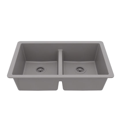 32-3/8" Undermount Double Equal Bowl Quartz Composite Kitchen Sink In Grey
