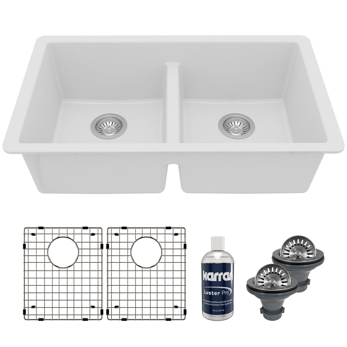 32-3/8" Undermount Double Equal Bowl Quartz Composite Kitchen Sink Kit In White