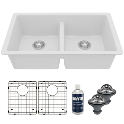 32-3/8" Undermount Double Equal Bowl Quartz Composite Kitchen Sink Kit In White