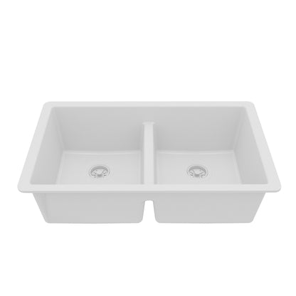 32-3/8" Undermount Double Equal Bowl Quartz Composite Kitchen Sink In White