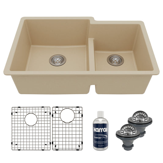 32" Undermount Double Offset Bowl Quartz Composite Kitchen Sink Kit In Bisque