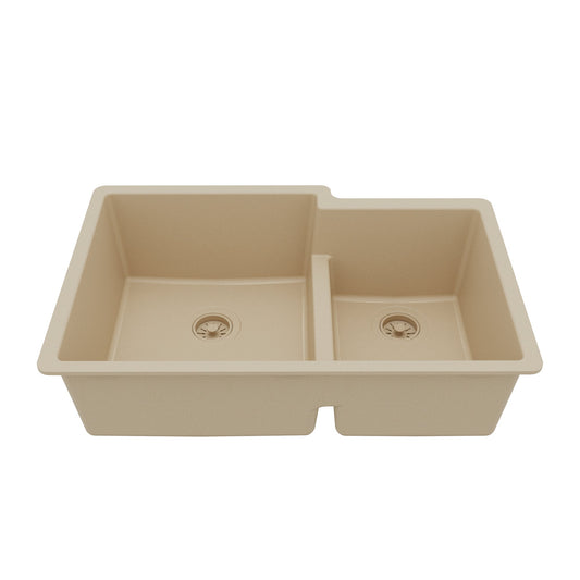 32-1/4" Undermount Double Offset Bowl Quartz Composite Kitchen Sink In Bisque