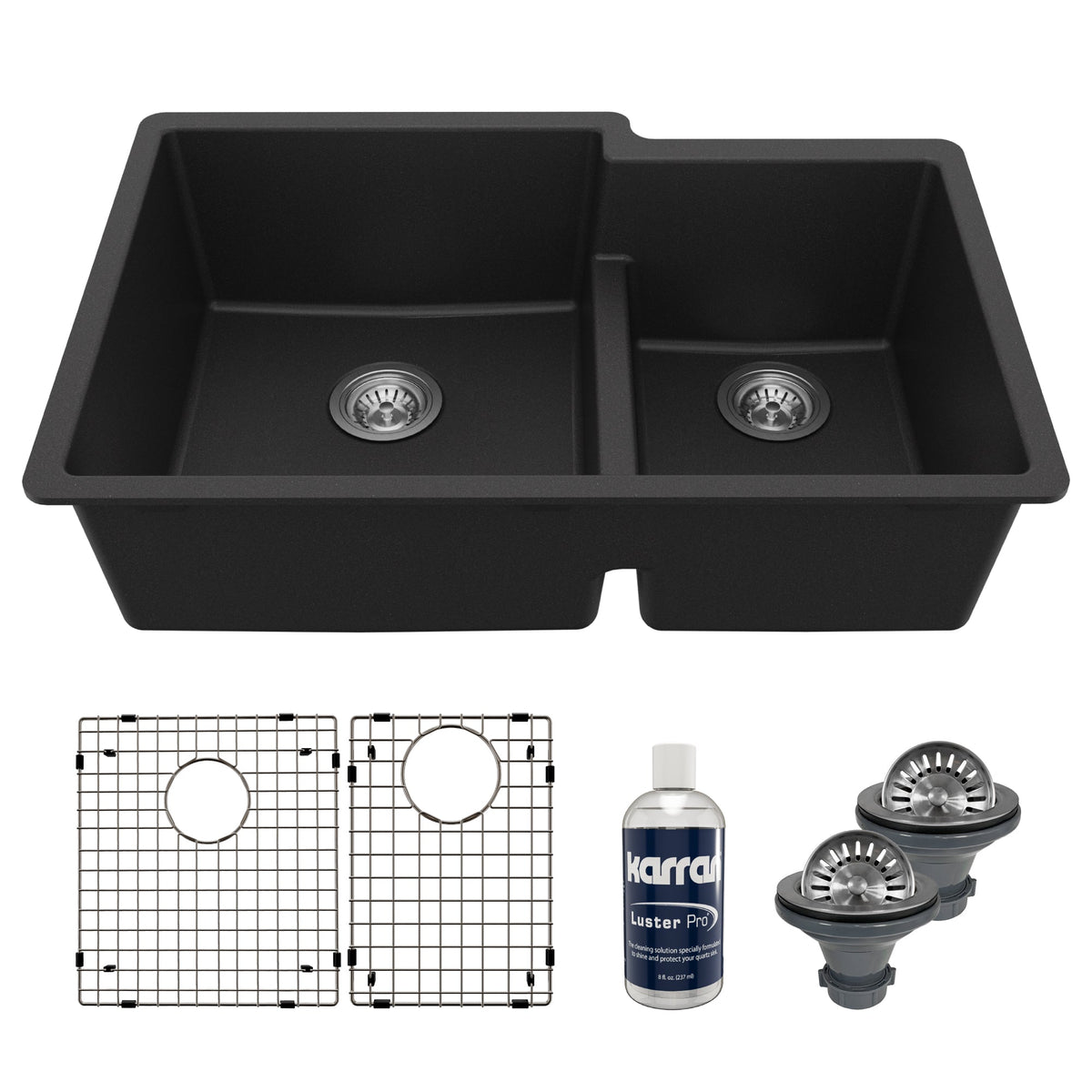32" Undermount Double Offset Bowl Quartz Composite Kitchen Sink Kit In Black