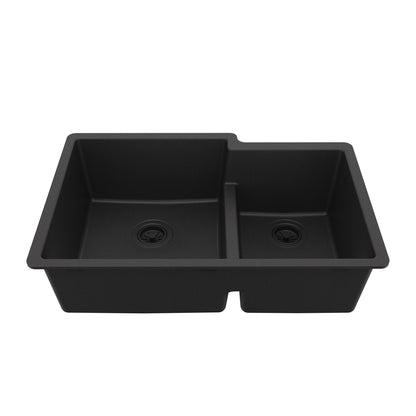 32-1/4" Undermount Double Offset Bowl Quartz Composite Kitchen Sink In Black