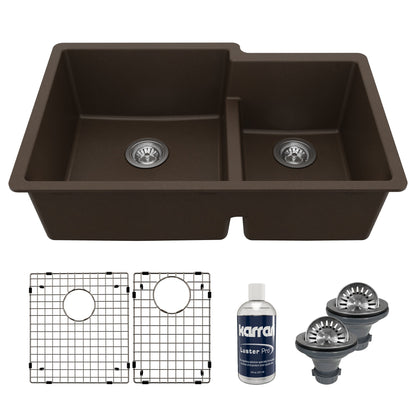 32" Undermount Double Offset Bowl Quartz Composite Kitchen Sink Kit In Brown