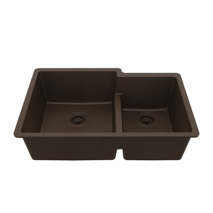 32-1/4" Undermount Double Offset Bowl Quartz Composite Kitchen Sink In Brown